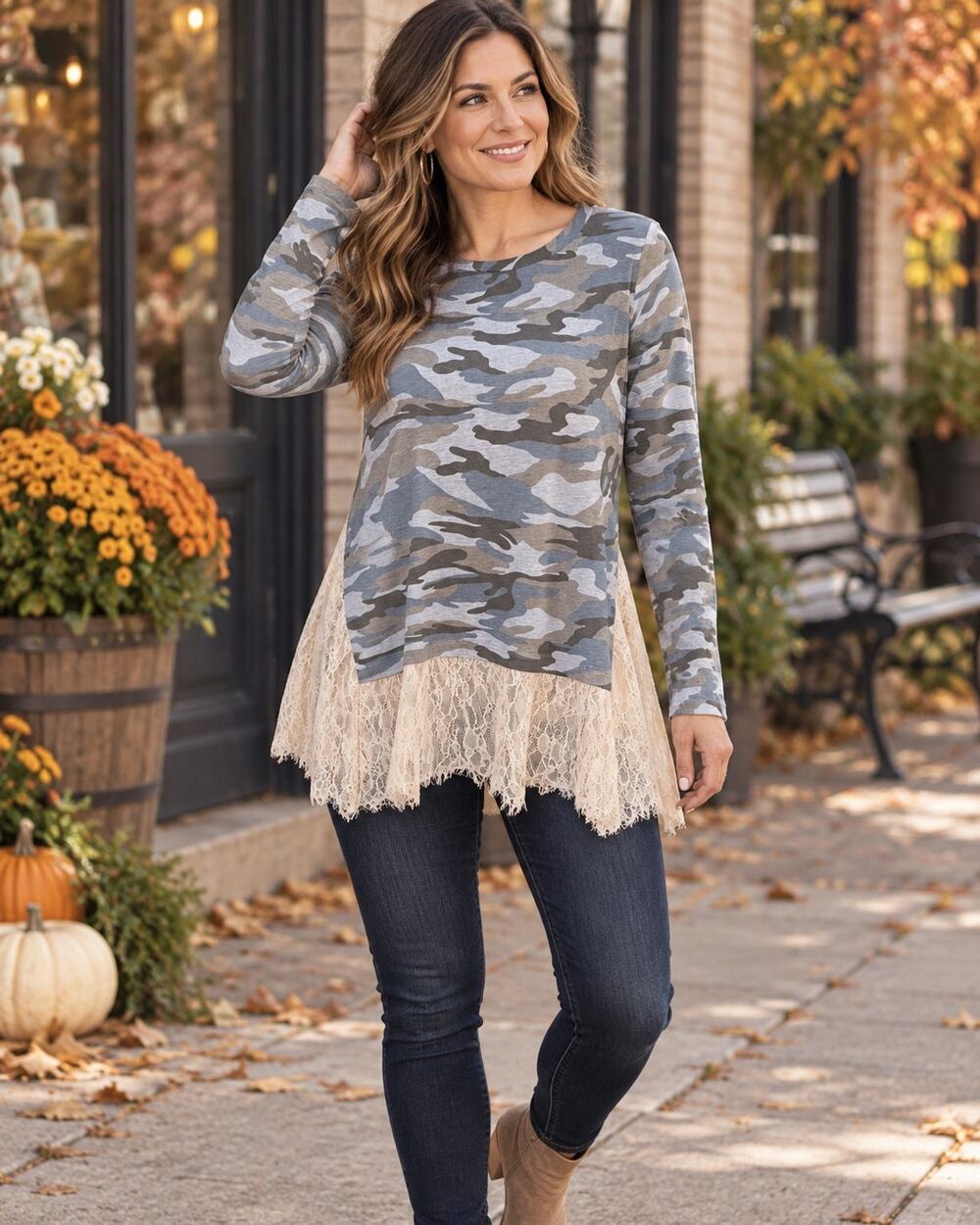 Mystree Medium Camo Lace Hem Long Sleeve Top Boho Boutique NWT